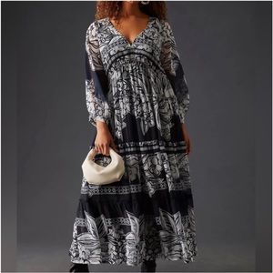 Anthropologie Vineet Bahl Tiered Long-Sleeve Dress Maxi Floral